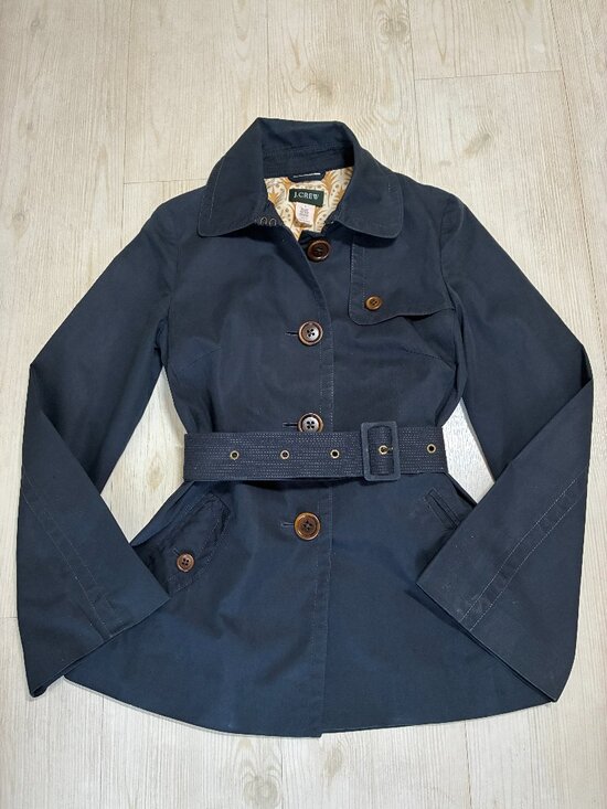 J. Crew Jackets & Blazers - J Crew Women’s Short Belted Travel Trench Coat Navy Blue Patterned Lining Size 0